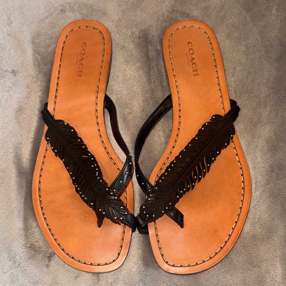 COACH Deni Feather Embellished Black Leather Thong Sandals (size 8)